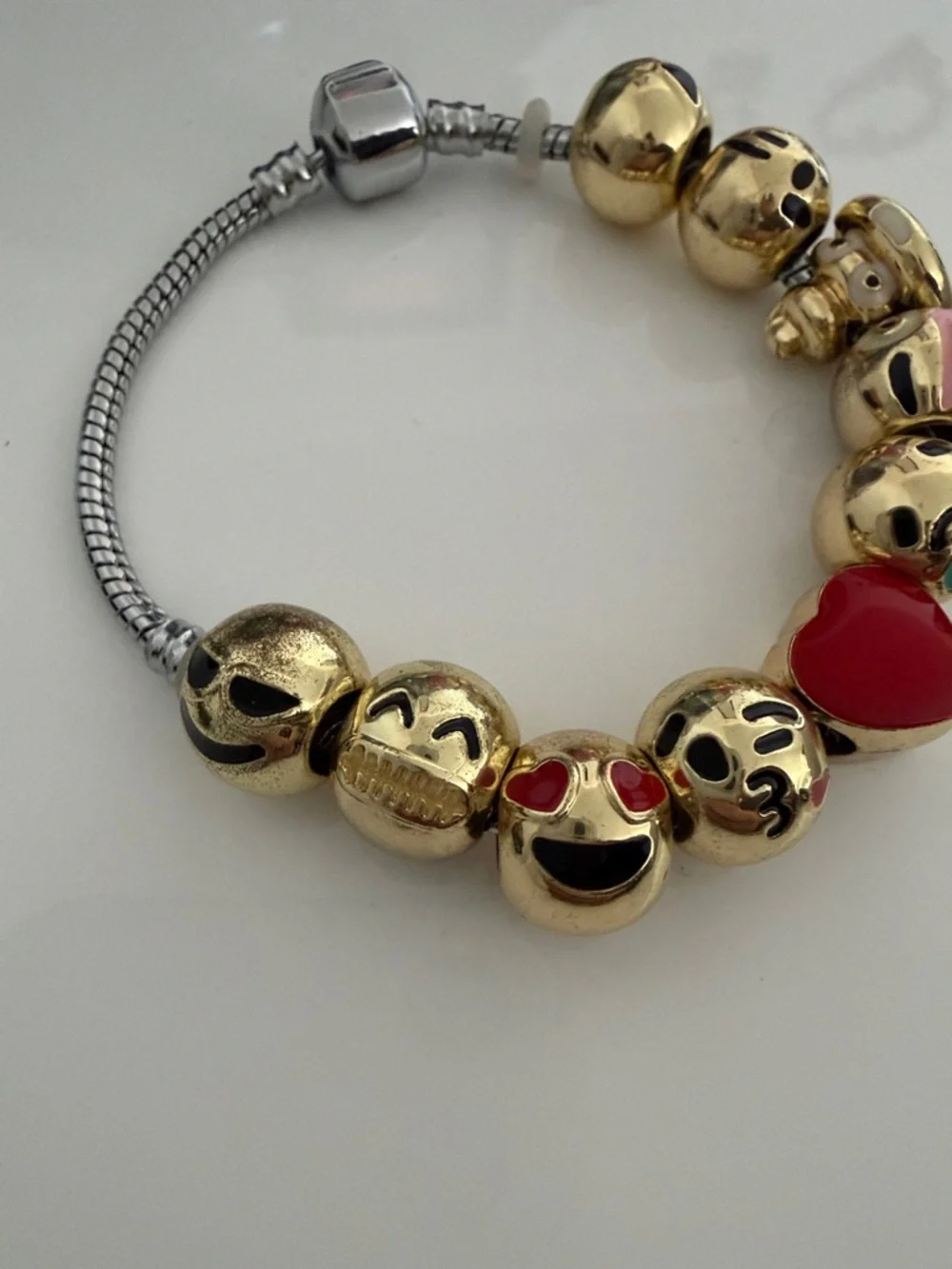 Gold Emoji Bead Charm Bracelet with Red Heart